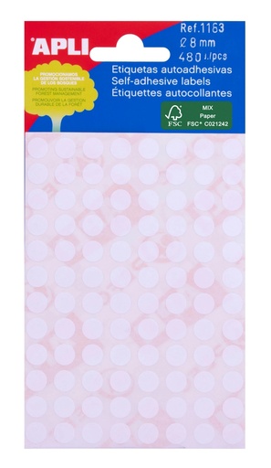 [01183] Apli Minibolsa de 480 Etiquetas Redondas Ø 8.0mm - 5 Hojas por 96 Etiquetas - Adhesivo Permanente - Color Blanco