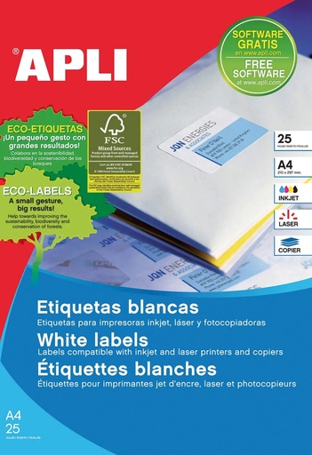 [01209] Apli Pack de 1.625 Etiquetas 38x21.2mm - Adhesivo Permanente - Cantos Rectos - Aptas para Impresion y Fotocopias - Color Blanco