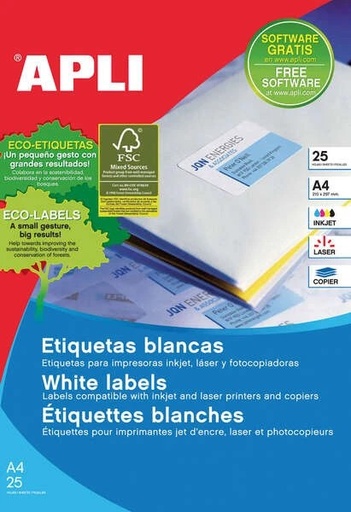 [01215] Apli Pack de 25 Etiquetas Rectangulares A4 210x297mm - 25 Hojas por 1 Etiqueta - Adhesivo Permanente - Cantos Rectos - Color Blanco