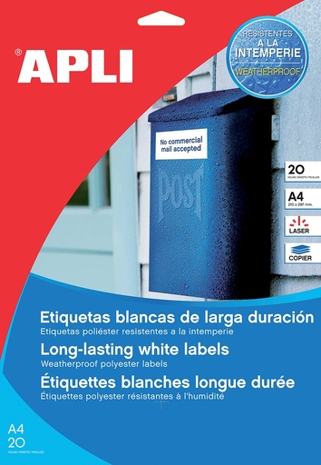 [01225] Apli Etiquetas Permanentes Translucidas 210 x 297 mm - 20 Hojas - Resistentes Intemperie