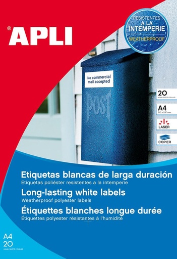 [01227] Apli Pack de 80 Etiquetas Permanentes 105x148mm - Fabricadas en Poliester - Cantos rectos - Resistentes a la Intemperie - Color Blanco