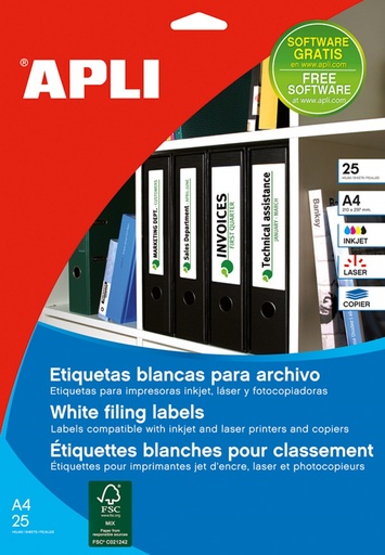 [01232] Apli Pack de 175 Etiquetas para Archivo 190x38mm - 25 Hojas x 7 Etiquetas - Cantos Romos - Adhesivo Permanente - Color Blanco