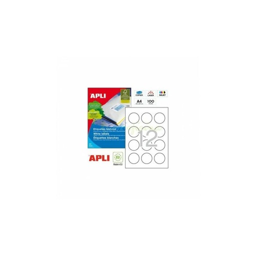 [01244] Apli Pack de 1.200 Etiquetas Redondas Ø 60mm - 100 Hojas por 12 Etiquetas - Adhesivo Permanente - Color Blanco