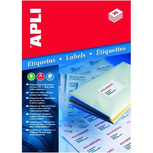 [01264] Apli Pack de 200 Etiquetas Rectangulares 210x148mm - 100 Hojas por 2 Etiquetas - Adhesivo Permanente - Cantos Rectos - Color Blanco