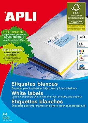 [01279] Apli Pack de 800 Etiquetas Rectangulares 105x74mm - 100 Hojas por 8 Etiquetas - Adhesivo Permanente - Cantos Rectos - Color Blanco