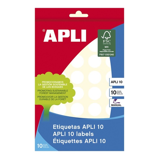 [01628] Apli Etiquetas 10 Blancas Ø 19.0mm 10 Hojas