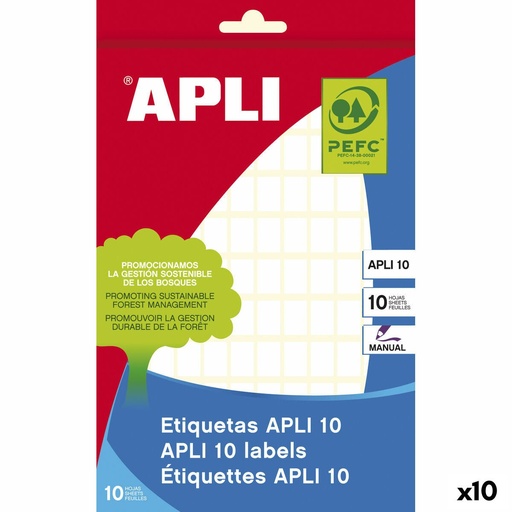 [01632] Apli Pack de 1.200 Etiquetas Rectangulares 8x12mm - 10 Hojas por 120 Etiquetas - Adhesivo Permanente - Ideal para Escribir sobre Ellas - Color Blanco