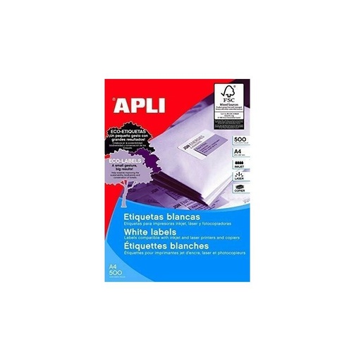 [01788] Apli Pack de 500 Etiquetas 210x297mm - 500 Hojas por 1 Etiqueta - Adhesivo Permanente - Cantos Rectos - Color Blanco