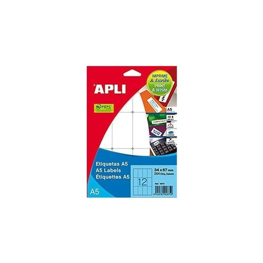 [01864] Apli Etiquetas A5 Blancas 16.0 x 22.0mm 15 Hojas
