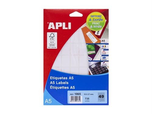 [01865] Apli Etiquetas A5 Blancas 19.0 x 27.0mm 15 Hojas
