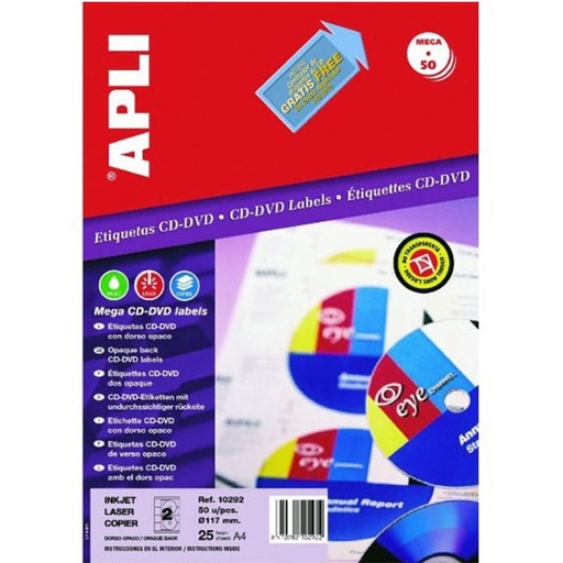 [02001] Apli Etiquetas CD/DVD Removibles Tamaño Clasico Mate 10 Hojas I/L/C