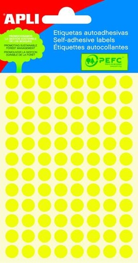 [02044] Apli Minibolsa de 288 Etiquetas Redondas Ø 8mm - 3 Hojas por 96 Etiquetas - Adhesivo Permanente - Color Amarillo