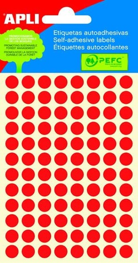 [02046] Apli Minibolsa de 288 Etiquetas Redondas Ø 8mm - 3 Hojas por 96 Etiquetas - Adhesivo Permanente - Color Rojo