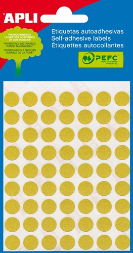 [02051] Apli Minibolsa de 315 Etiquetas Redondas Ø 10mm - 5 Hojas por 63 Etiquetas - Adhesivo Permanente - Aptas para Escritura con Lapiz, Boligrafo y Rotulador - Color Amarillo