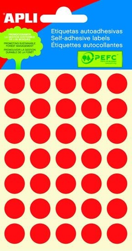 [02057] Apli Minibolsa de 175 Etiquetas Redondas Ø 13mm - 5 Hojas por 35 Etiquetas - Adhesivo Permanente - Color Rojo