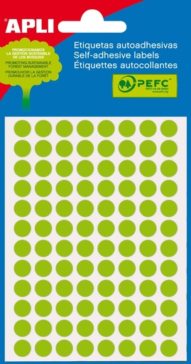 [02082] Apli Minibolsa de 288 Etiquetas Redondas Ø 8mm - 3 Hojas por 96 Etiquetas - Adhesivo Permanente - Color Verde Fluor