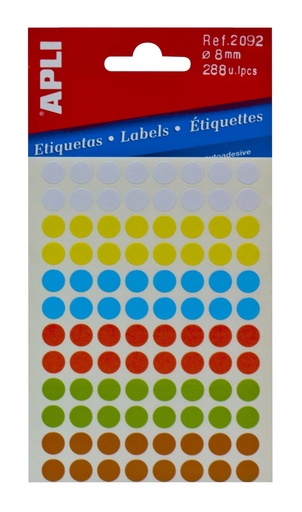 [02092] Apli Minibolsa de 288 Etiquetas Redondas Ø 8mm - 3 Hojas por 96 Etiquetas - Adhesivo Permanente - Colores Surtidos