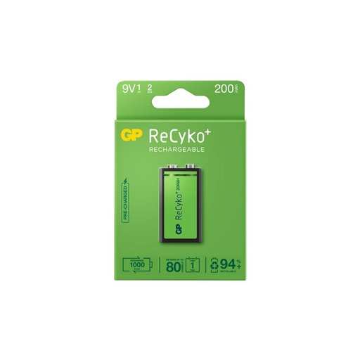 [020R8H-CB1 GP] GP ReCyko Pila Recargable 200mAh 9V - Precargada - Ciclo de Vida: Hasta 1000 Veces
