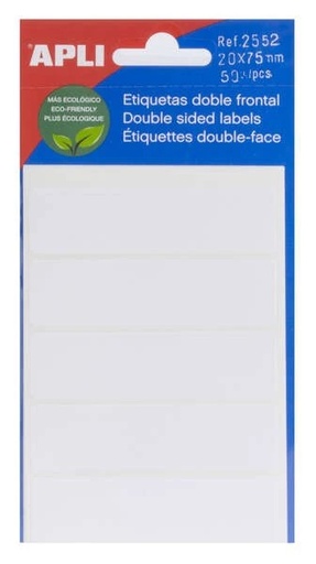 [02552] Apli Pack de 50 Etiquetas 20x75mm - 5 Hojas con 5 Etiquetas por cada Lado - Adhesivo Permanente - Menos Residuos - Color Blanco