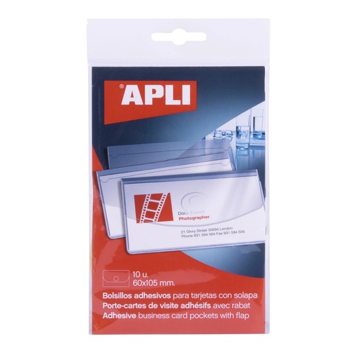 [02579] Apli Bolsillos Adhesivos Porta Tarjetas con Solapa de Cierre - Pack de 10 - 100 x 60mm - Ideal para Presentaciones Impresas, Dosieres