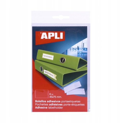 [02613] Apli Bolsillos Adhesivos para Etiquetas - 45 x 75mm - Cambia la Informacion de la Etiqueta Segun tus Necesidades - Pack de 6 Unidades