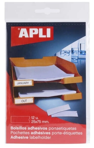 [02616] Apli Bolsillos Adhesivos para Etiquetas - Tamaño 25x75mm - Cambia la Informacion de la Etiqueta Segun tus Necesidades - Contiene 12 Bolsillos por Bolsa