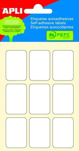 [02679] Apli Minibolsa de 54 Etiquetas Rectangulares 22x32mm - 6 Hojas por 9 Etiquetas - Adhesivo Permanente - Cantos Romos - Color Blanco