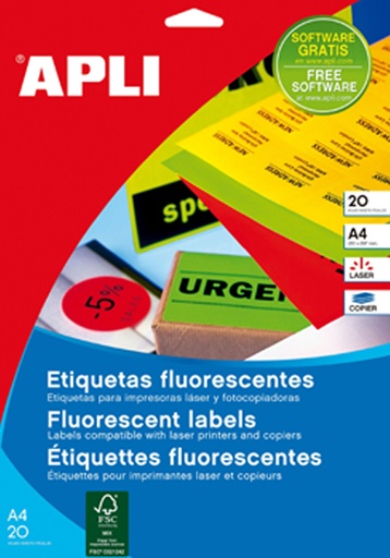 [02870] Apli Pack de 480 Etiquetas Rectangulares 64x33.9mm - 20 Hojas por 24 Etiquetas - Adhesivo Permanente - Cantos Romos - Color Amarillo Fluorescente