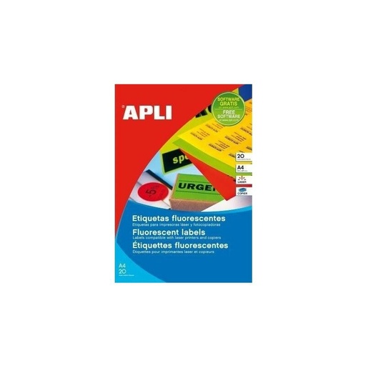 [02871] Apli Pack de 480 Etiquetas Naranja Fluorescente 64x33.9mm - 20 Hojas por 24 Etiquetas - Adhesivo Permanente - Cantos Romos - Color Naranja