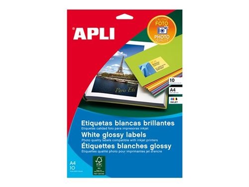 [02926] Apli Pack de 10 Etiquetas Blancas Calidad Fotografica para Inkjet 199.6x289.1mm - Fabricadas con Papel Fotografico - Acabado Brillante - Cantos Romos - Adhesivo Permanente