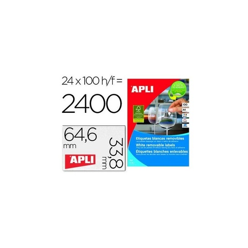 [03056] Apli Pack de 2.400 Etiquetas Blancas Cantos Rectos 64.6 x 33.8mm - Adhesivo Removible - Aptas para Impresora y Fotocopiadora