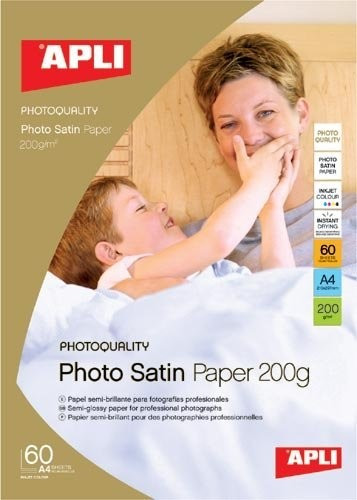 [04136] Apli Photosatin Pack de 60 Hojas de Papel Fotografico A4 200gr - Acabado Semibrillante - Apto para Impresoras Inkjet
