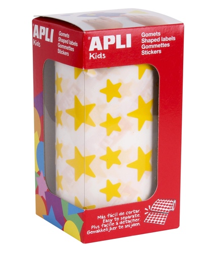 [04887] Apli Gomets Estrella Amarillos - 12.5mm y 19.5mm - Adhesivo Permanente - 2360 Gomets por Rollo - Ideal para Desarrollar Habilidades Infantiles