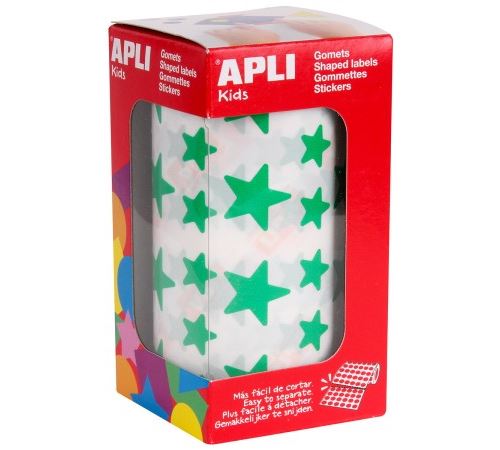[04890] Apli Gomets Estrella Verde - 12.5mm y 19.5mm - Adhesivo Permanente - 2360 Gomets por Rollo - Ideal para Escuelas y Talleres Infantiles