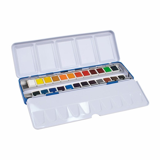 [05B1624] Milan Art Estuche Metalico de 24 Acuarelas Medio Godet - Opacos y Resistentes a la Luz - Mezclables - Bandeja Abatible - Colores Surtidos