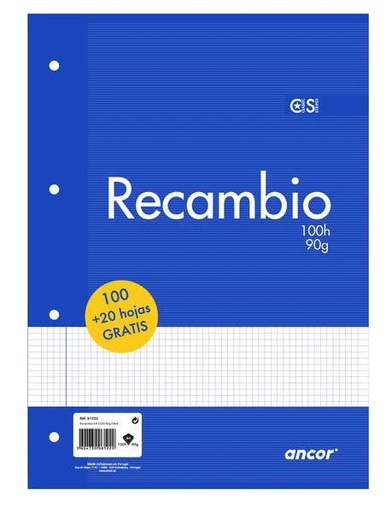 [061222] Ancor Recambio de 120 Hojas 90gr Tamaño A4 Cuadriculado 4x4mm - 4 Taladros