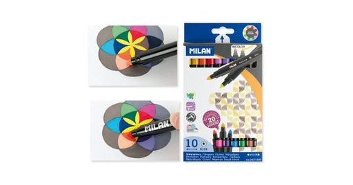 [06171010] Milan Pack de 10 Rotuladores Bicolor Doble Punta - Punta Conica 5mm - Tinta al Agua - Lavable - Colores Surtidos