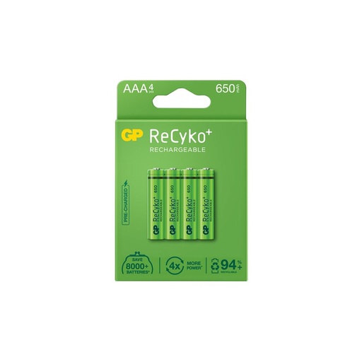[065AAAHCB-CB4 GP] GP ReCyko Pack de 4 Pilas Recargables 650mAh AAA 1.2V - Precargadas - Fabricadas con mas del 10% de Materiales Reciclados