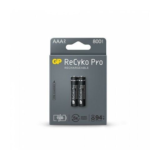[085AAAHCBEPRO-CB2 GP] GP ReCyko Pro Pack de 2 Pilas Recargables 800mAh AAA 1.2V - Precargadas - Ciclo de Vida: Hasta 1.500 Veces