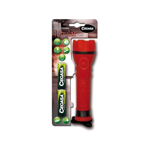 [104153] Cegasa Profesional Linterna de 3 LED - Cuerpo de Goma Antideslizante - Resistente a Golpes y Humedad - Funciona con 2 Pilas LR6 (Incluidas)