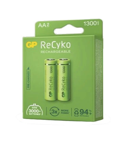 [130AAHCB-CB2 GP] GP ReCyko Pack de 2 Pilas Recargables 1300mAh AA 1.2V - Precargadas - Fabricadas con mas del 10% de Materiales Reciclados