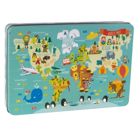 [14550] Apli Kids Puzle Mapamundi - 24 Piezas de 8x8mm - Caja Metalica Rectangular - Diseño Exclusivo de Martina Hogan - Facil Manejo - Grosor de 2mm - Desarrollo de Habilidades - Colorido y Claro