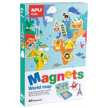 [16494] Apli Juego Magnetico Mapamundi - 1 Escenario Imantado 36 x 38 cm - 40 Fichas con Dibujos de Monumentos y Animales