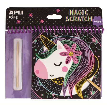 [17150] Apli Bloc Magic Scratch Happy - 8 Laminas para Rascar - Palito Rascador de Madera - Ilustracion con Imagen de Muestra