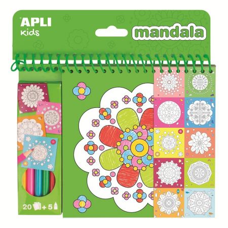 [17151] Apli Bloc de Dibujos con Mandalas y Lapices de Colores - 20 Paginas - 5 Lapices - Ideal para Viajes - Estimula Creatividad y Concentracion