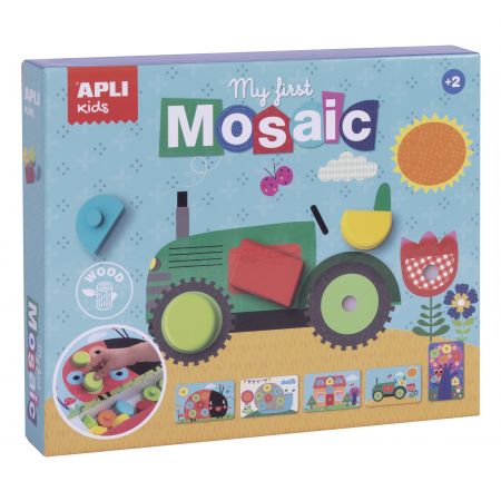 [17652] Apli Mosaico Educativo de Madera - 15 Piezas de Diferentes Formas y Colores - 5 Laminas con Diseños - Tamaño de Laminas: 280x180x2mm - Caja con 2 Compartimentos - Color Natural