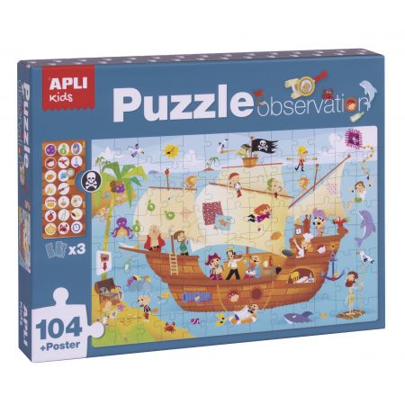 [17917] Apli Puzzle Observacion Barco Pirata de 104 Piezas de 5x5cm - Incluye Poster y 3 Fichas - Facil Manejo - Desarrolla Habilidades y Autoestima - Recomendado para Niños a partir de 5 Años