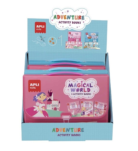 [18244] Apli Expositor Activity Books de 6 Unidades - 2 Tematicas: el Mundo Magico y Piratas - 3 Libros con Hojas Plastificadas y Actividades Variadas - Rotulador Reutilizable - Ideal para Actividades Educativas - Color Azul