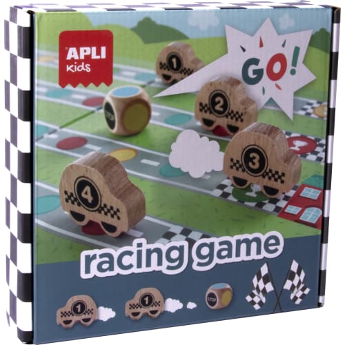 [18342] Apli Racing Game Juego de Mesa - Tablero Despegable - 4 Piezas de Madera con Forma de Coche - Dado de Colores - Enseña a Respetar las Reglas - Colorido