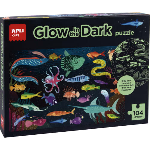 [18455] Apli Glow in the Dark Puzzle Fluorescente de 104 Piezas 5x5cm - Tematica Oceanos - Poster para Facilitar Montaje - Recomendado para Niños a partir de 5 Años